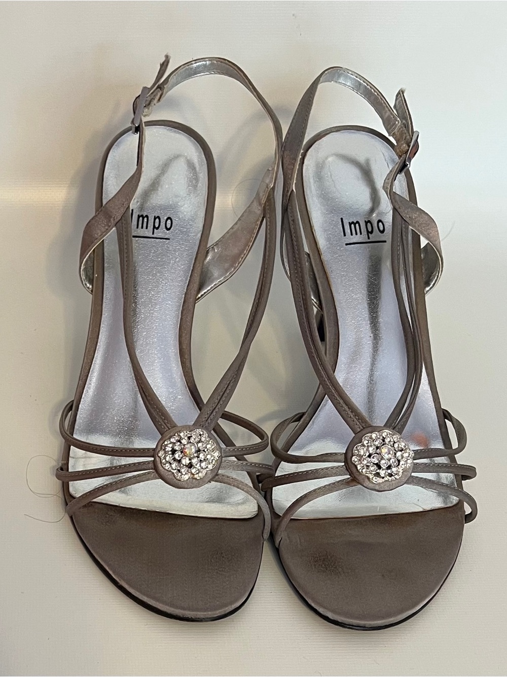 Impo Pewter Satin Strappy Slingback Heels with Crystal Rosette